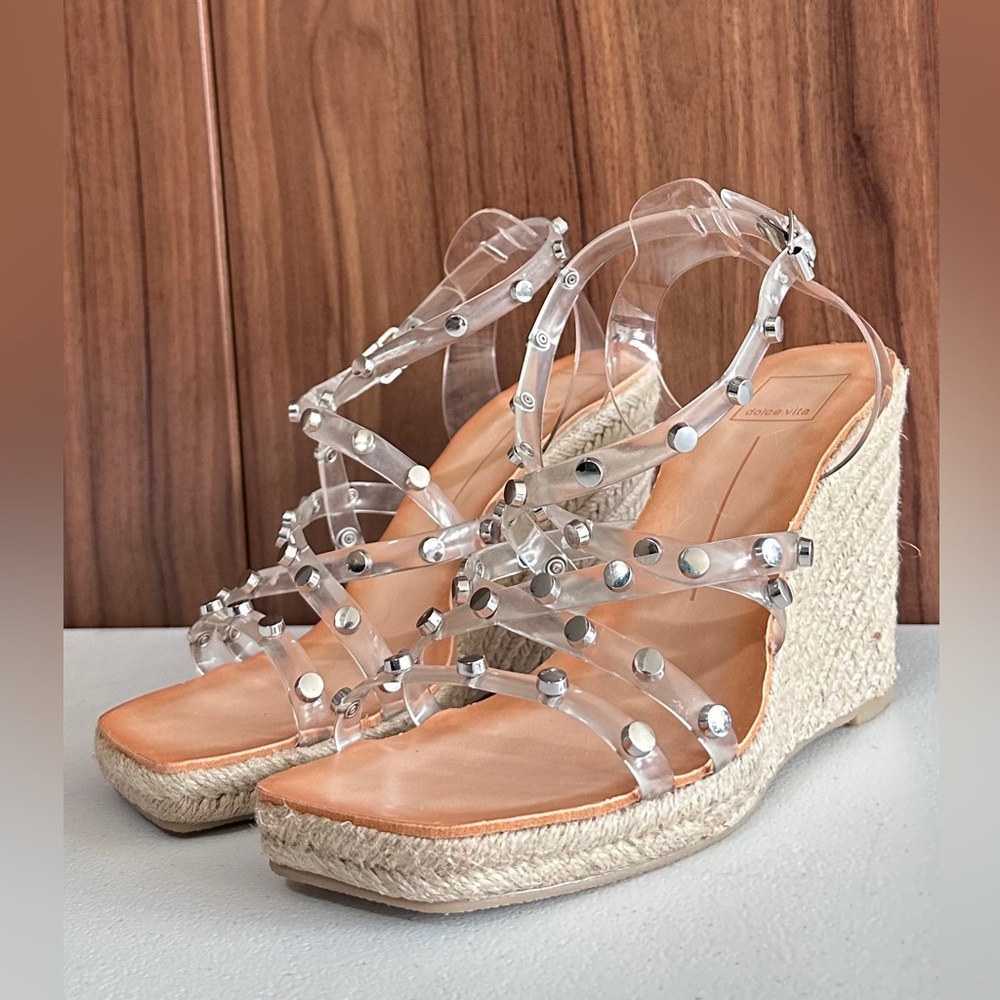 Dolce Vita Maxton Espadrille Womens Clear Studded Wedge Sandals Square Toe 8.5M